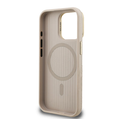 Apple iPhone 15 Pro Max Kılıf Guess Orjinal Lisanslı M-safe Şarj Özellikli Sıcak Baskılı Yazı Logolu Kamera Standlı PU Deri Peony Kapak Siyah