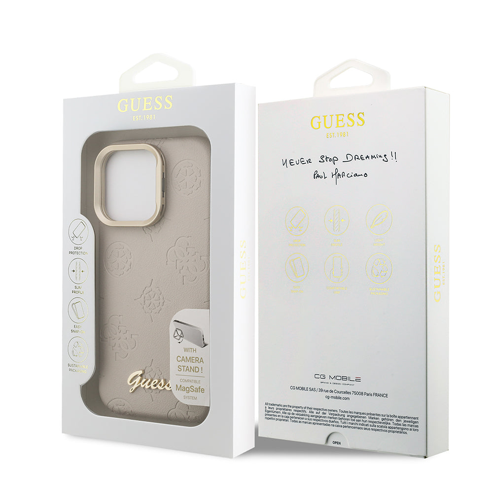 Apple iPhone 15 Pro Max Kılıf Guess Orjinal Lisanslı M-safe Şarj Özellikli Sıcak Baskılı Yazı Logolu Kamera Standlı PU Deri Peony Kapak Bej