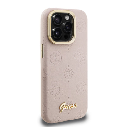 Apple iPhone 15 Pro Max Kılıf Guess Orjinal Lisanslı M-safe Şarj Özellikli Sıcak Baskılı Yazı Logolu Kamera Standlı PU Deri Peony Kapak Mor