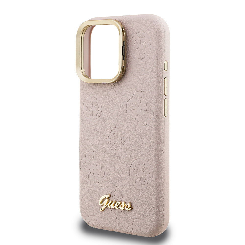 Apple iPhone 15 Pro Max Kılıf Guess Orjinal Lisanslı M-safe Şarj Özellikli Sıcak Baskılı Yazı Logolu Kamera Standlı PU Deri Peony Kapak Siyah