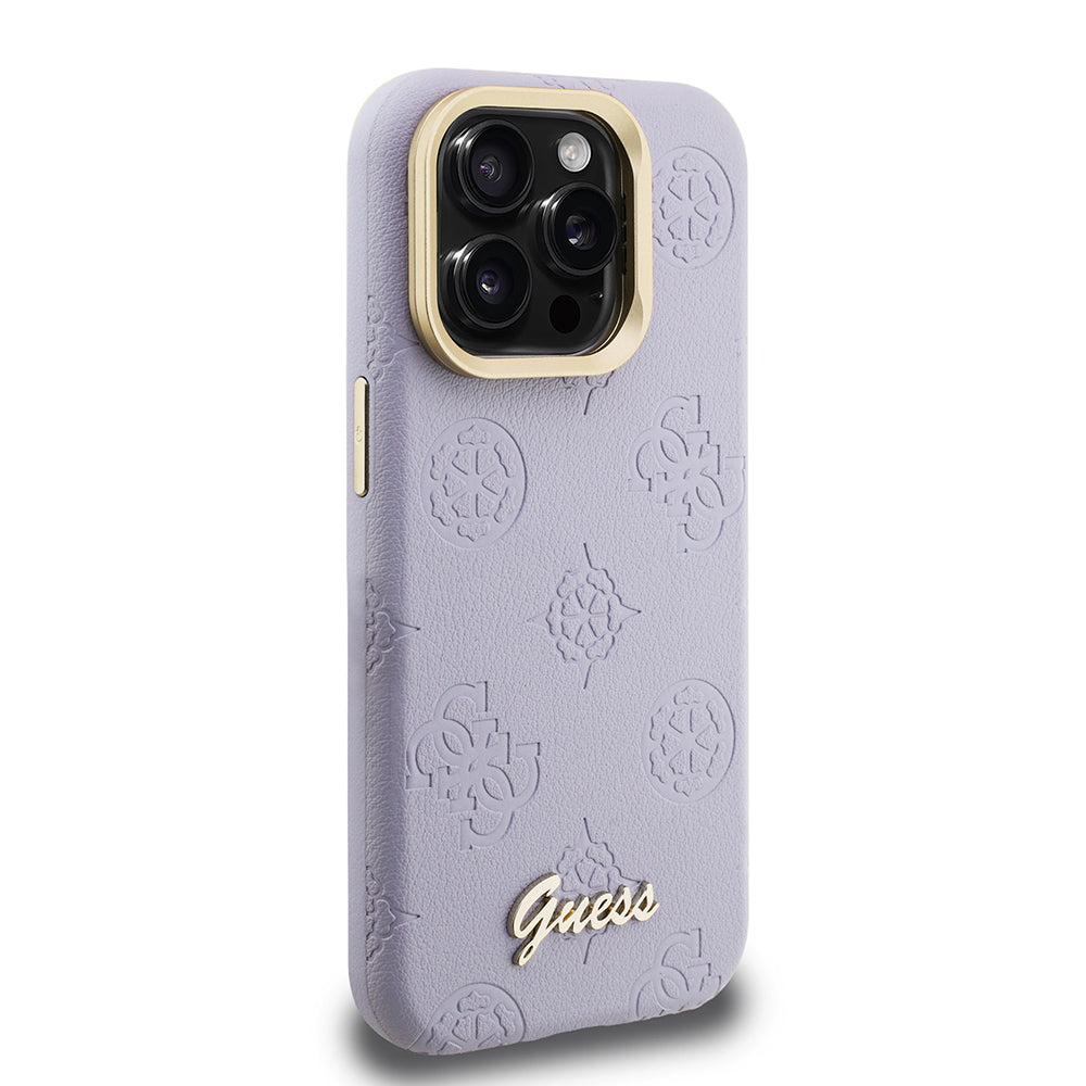 Apple iPhone 15 Pro Max Kılıf Guess Orjinal Lisanslı M-safe Şarj Özellikli Sıcak Baskılı Yazı Logolu Kamera Standlı PU Deri Peony Kapak Mor