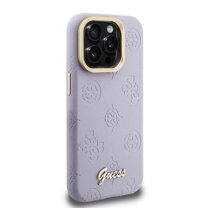 Apple iPhone 15 Pro Max Kılıf Guess Orjinal Lisanslı M-safe Şarj Özellikli Sıcak Baskılı Yazı Logolu Kamera Standlı PU Deri Peony Kapak Mor