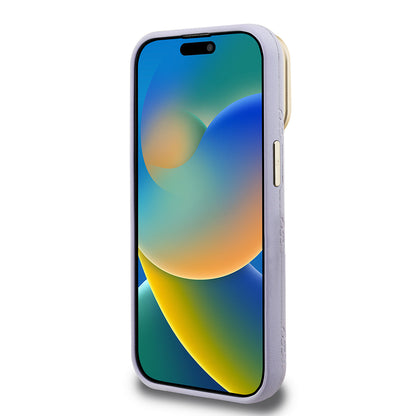 Apple iPhone 15 Pro Max Kılıf Guess Orjinal Lisanslı M-safe Şarj Özellikli Sıcak Baskılı Yazı Logolu Kamera Standlı PU Deri Peony Kapak Mor