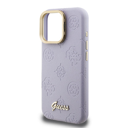 Apple iPhone 15 Pro Max Kılıf Guess Orjinal Lisanslı M-safe Şarj Özellikli Sıcak Baskılı Yazı Logolu Kamera Standlı PU Deri Peony Kapak Pembe