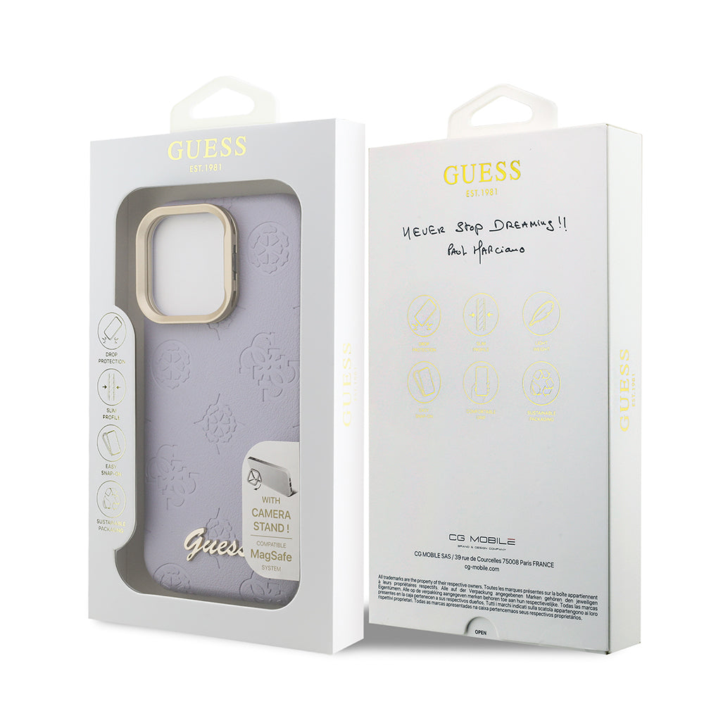 Apple iPhone 15 Pro Max Kılıf Guess Orjinal Lisanslı M-safe Şarj Özellikli Sıcak Baskılı Yazı Logolu Kamera Standlı PU Deri Peony Kapak Siyah