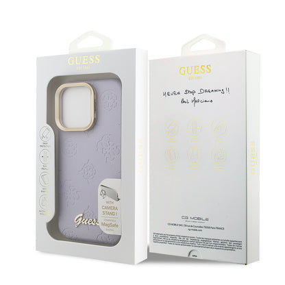 Apple iPhone 15 Pro Max Kılıf Guess Orjinal Lisanslı M-safe Şarj Özellikli Sıcak Baskılı Yazı Logolu Kamera Standlı PU Deri Peony Kapak Bej