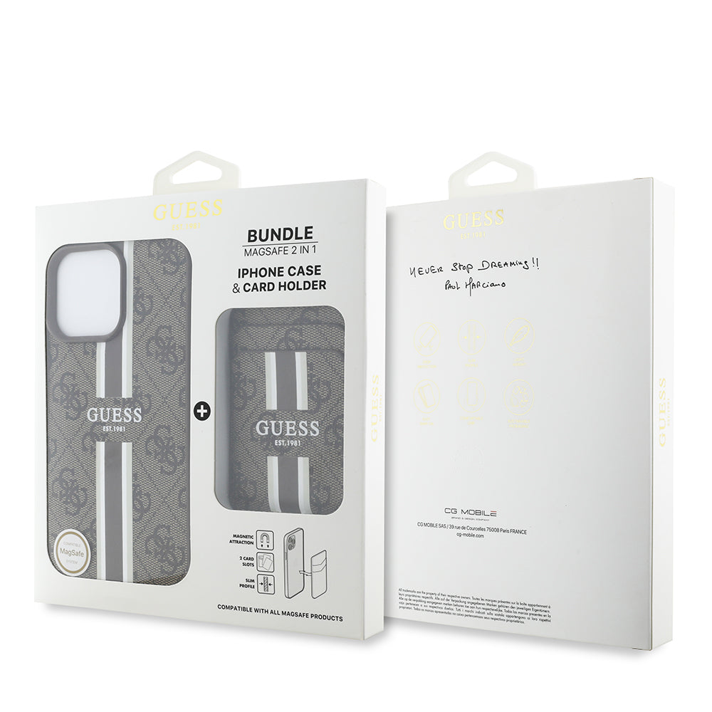 Apple iPhone 15 Pro Max Kılıf Guess Orjinal Lisanslı M-safe Şarj Özellikli 4G Desenli Çizgili Kartlıklı Kapak Kahverengi