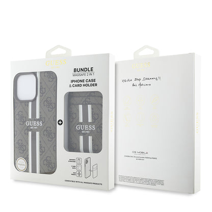 Apple iPhone 15 Pro Max Kılıf Guess Orjinal Lisanslı M-safe Şarj Özellikli 4G Desenli Çizgili Kartlıklı Kapak Siyah