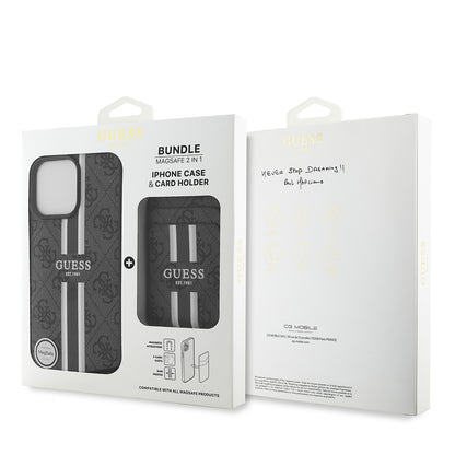 Apple iPhone 15 Pro Max Kılıf Guess Orjinal Lisanslı M-safe Şarj Özellikli 4G Desenli Çizgili Kartlıklı Kapak Kahverengi