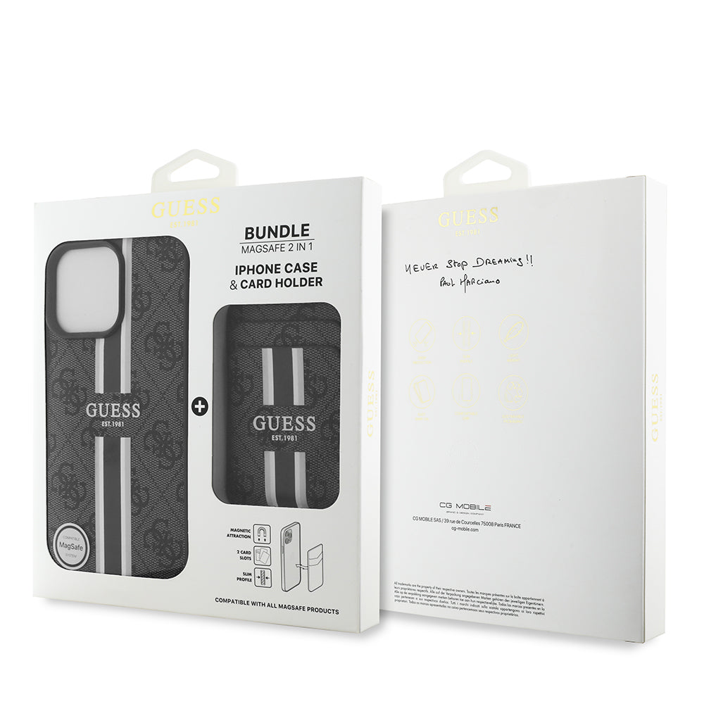 Apple iPhone 15 Pro Max Kılıf Guess Orjinal Lisanslı M-safe Şarj Özellikli 4G Desenli Çizgili Kartlıklı Kapak Siyah