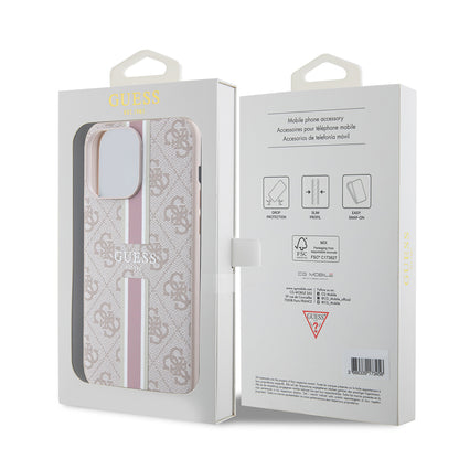 Apple iPhone 15 Pro Max Kılıf Guess Orjinal Lisanslı M-safe Şarj Özellikli 4G Şerit Tasarımlı Printed Kapak Siyah