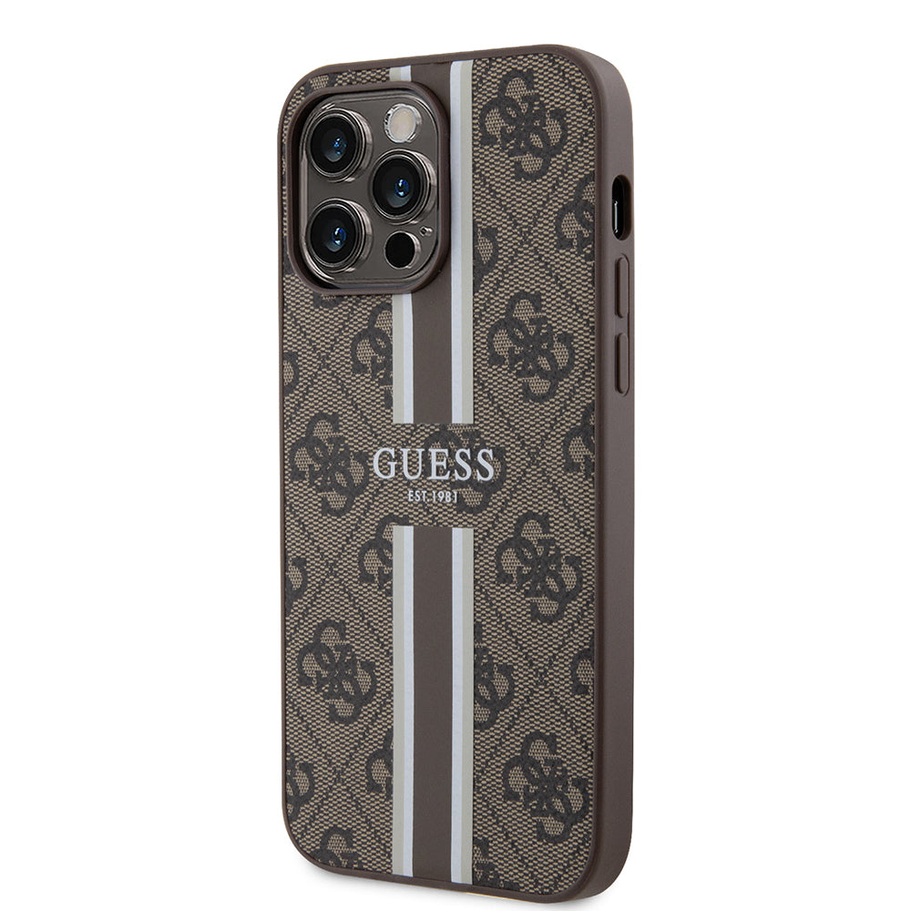 Apple iPhone 15 Pro Max Kılıf Guess Orjinal Lisanslı M-safe Şarj Özellikli 4G Şerit Tasarımlı Printed Kapak Pembe