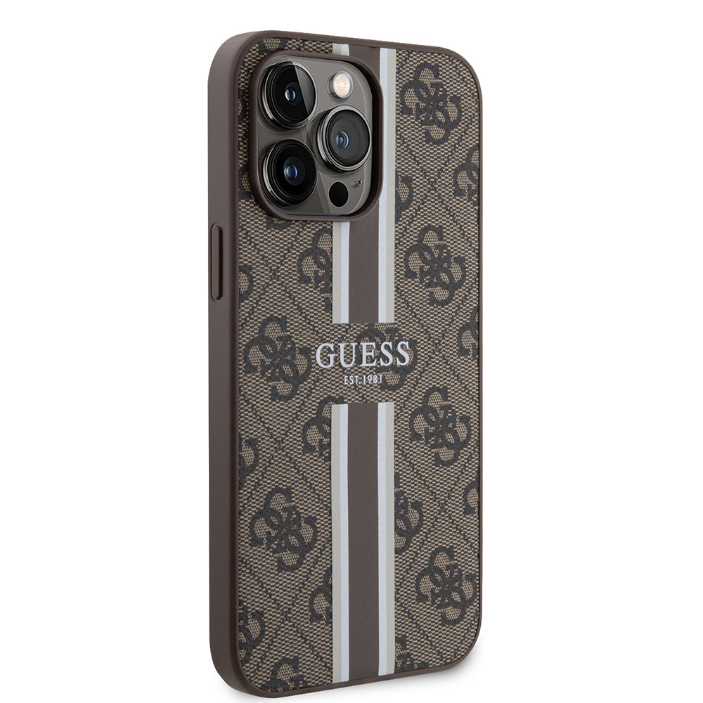 Apple iPhone 15 Pro Max Kılıf Guess Orjinal Lisanslı M-safe Şarj Özellikli 4G Şerit Tasarımlı Printed Kapak Pembe