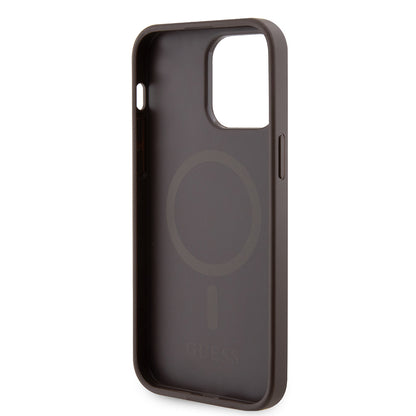 Apple iPhone 15 Pro Max Kılıf Guess Orjinal Lisanslı M-safe Şarj Özellikli 4G Şerit Tasarımlı Printed Kapak Kahverengi