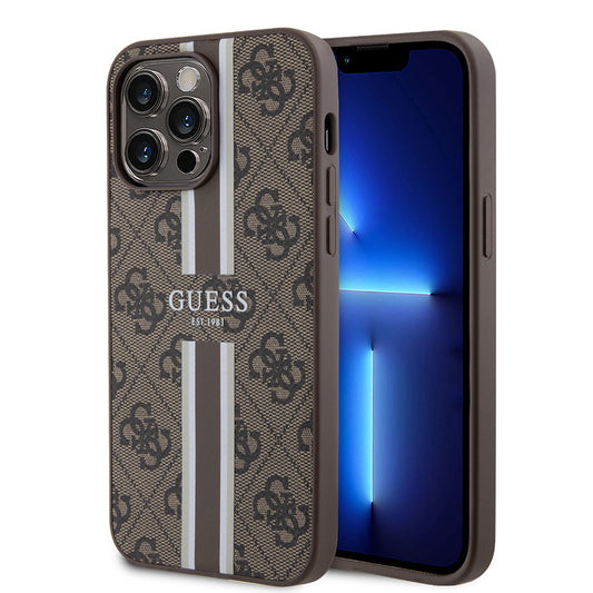 Apple iPhone 15 Pro Max Kılıf Guess Orjinal Lisanslı M-safe Şarj Özellikli 4G Şerit Tasarımlı Printed Kapak Kahverengi