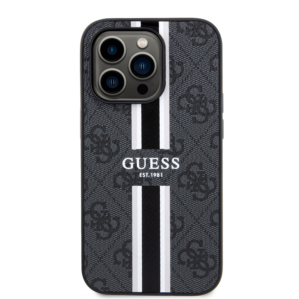 Apple iPhone 15 Pro Max Kılıf Guess Orjinal Lisanslı M-safe Şarj Özellikli 4G Şerit Tasarımlı Printed Kapak Pembe