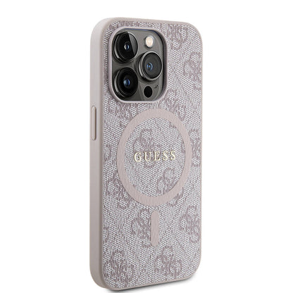 Apple iPhone 15 Pro Max Kılıf Guess Orjinal Lisanslı M-safe Şarj Özellikli PU Halkalı 4G Desenli Yazı Logolu Kapak Kahverengi