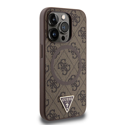 Apple iPhone 15 Pro Max Kılıf Guess Orjinal Lisanslı M-safe Şarj Özellikli PU Üçgen Logo 4G Desenli Kapak Kahverengi