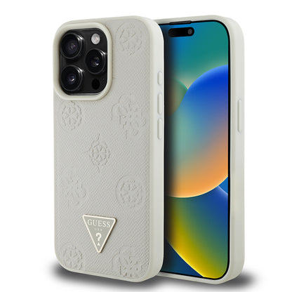 Apple iPhone 15 Pro Max Kılıf Guess Orjinal Lisanslı M-safe Şarj Özellikli Sıcak Baskılı Üçgen Logolu PU Deri Peony Kapak Kahverengi