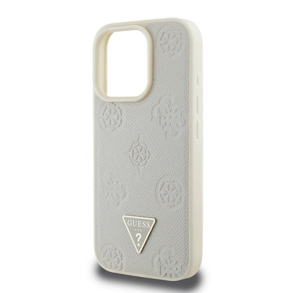 Apple iPhone 15 Pro Max Kılıf Guess Orjinal Lisanslı M-safe Şarj Özellikli Sıcak Baskılı Üçgen Logolu PU Deri Peony Kapak Kahverengi