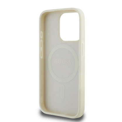 Apple iPhone 15 Pro Max Kılıf Guess Orjinal Lisanslı M-safe Şarj Özellikli Sıcak Baskılı Üçgen Logolu PU Deri Peony Kapak Bej