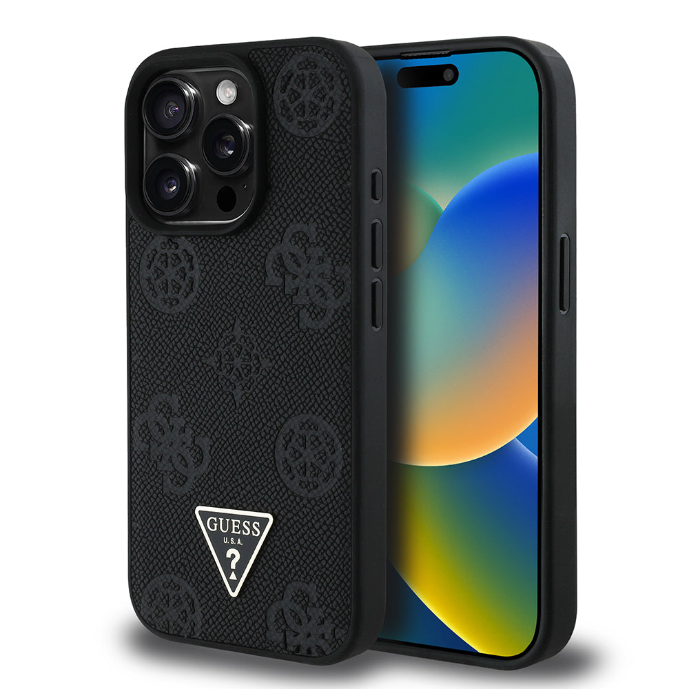 Apple iPhone 15 Pro Max Kılıf Guess Orjinal Lisanslı M-safe Şarj Özellikli Sıcak Baskılı Üçgen Logolu PU Deri Peony Kapak Kahverengi