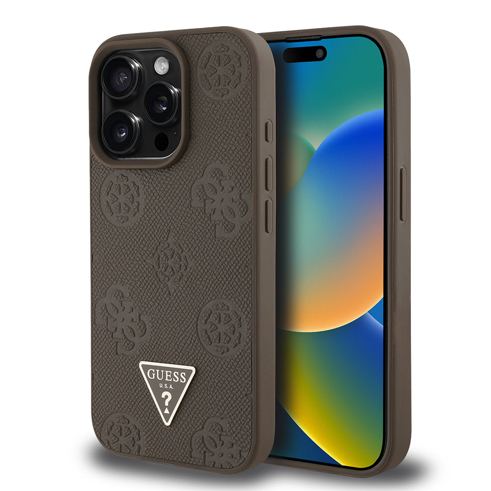 Apple iPhone 15 Pro Max Kılıf Guess Orjinal Lisanslı M-safe Şarj Özellikli Sıcak Baskılı Üçgen Logolu PU Deri Peony Kapak Kahverengi