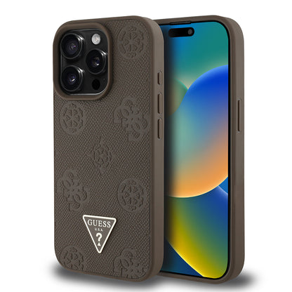 Apple iPhone 15 Pro Max Kılıf Guess Orjinal Lisanslı M-safe Şarj Özellikli Sıcak Baskılı Üçgen Logolu PU Deri Peony Kapak Bej