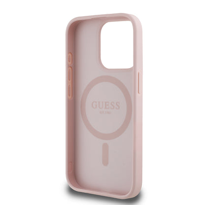 Apple iPhone 15 Pro Max Kılıf Guess Orjinal Lisanslı M-safe Şarj Özellikli Sıcak Baskılı Üçgen Logolu PU Deri Peony Kapak Bej