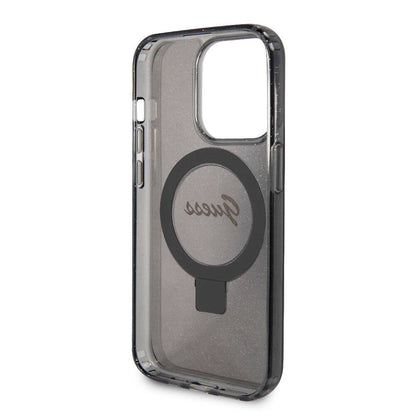 Apple iPhone 15 Pro Max Kılıf Guess Orjinal Lisanslı M-safe Şarj Özellikli Simli Arka Yüzey Ring Standlı Kapak Mor