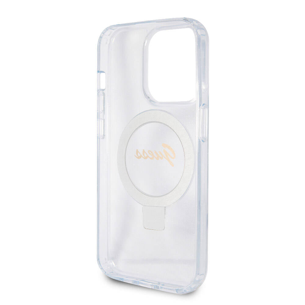 Apple iPhone 15 Pro Max Kılıf Guess Orjinal Lisanslı M-safe Şarj Özellikli Simli Arka Yüzey Ring Standlı Kapak Pembe