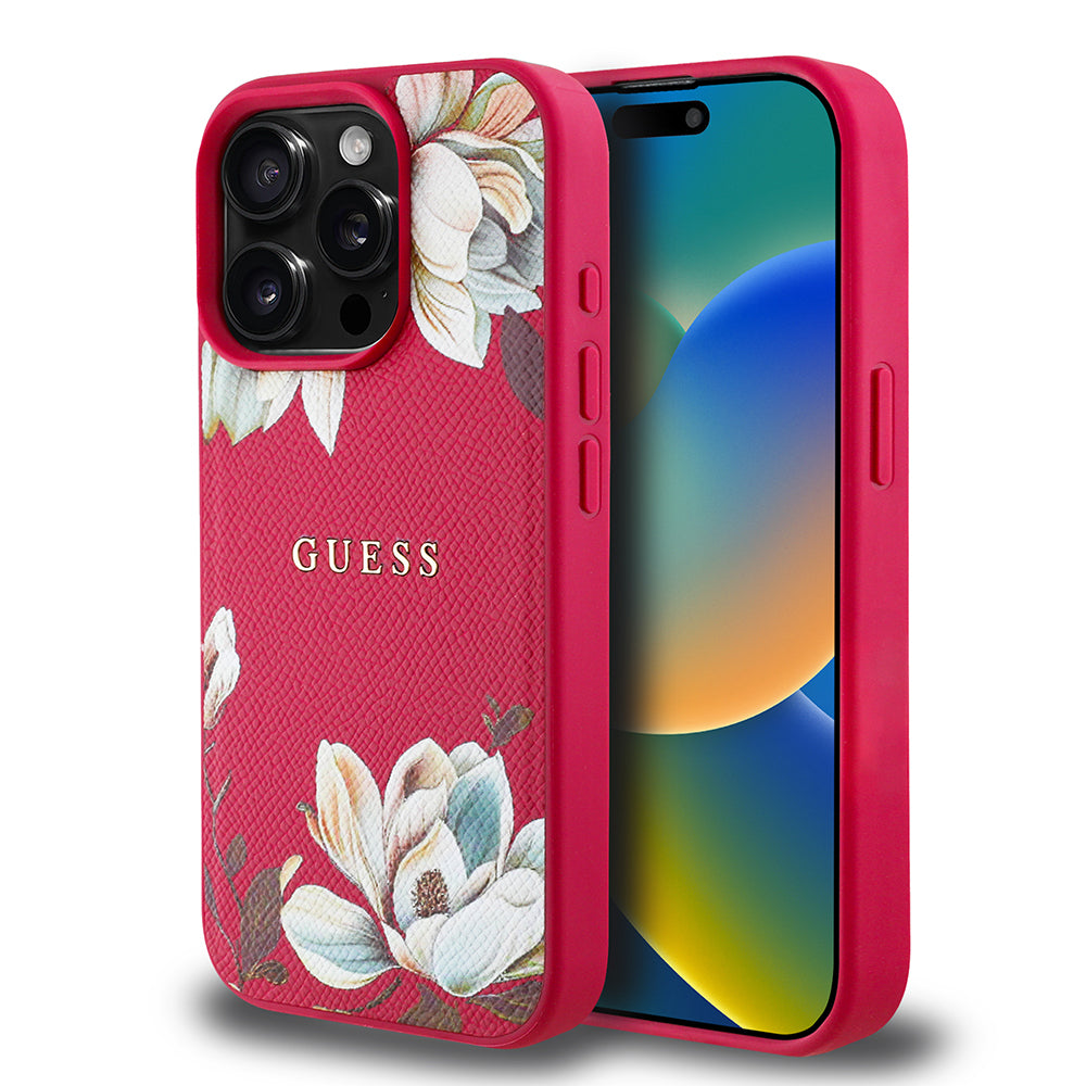 Apple iPhone 15 Pro Max Kılıf Guess Orjinal Lisanslı M-safe Şarj Özellikli Taneli Çiçek Tasarımlı Metal Yazı Logolu Kapak Kırmızı