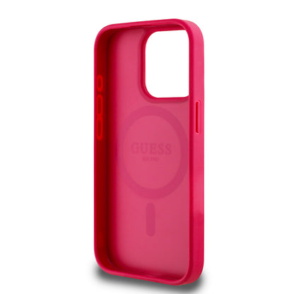 Apple iPhone 15 Pro Max Kılıf Guess Orjinal Lisanslı M-safe Şarj Özellikli Taneli Çiçek Tasarımlı Metal Yazı Logolu Kapak Siyah