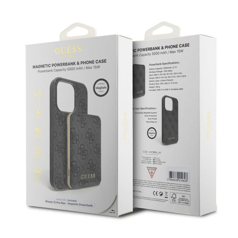 Apple iPhone 15 Pro Max Kılıf Guess Orjinal Lisanslı M-safe Şarj Özellikli Yazı Logolu 4G Desenli Kapak + Powerbank 5000mAh 2in1 Set Siyah