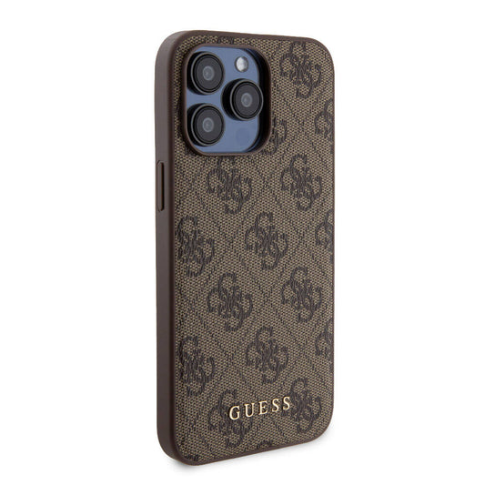 Apple iPhone 15 Pro Max Kılıf Guess Orjinal Lisanslı M-safe Şarj Özellikli Yazı Logolu 4G Desenli Kapak + Powerbank 5000mAh 2in1 Set Kahverengi