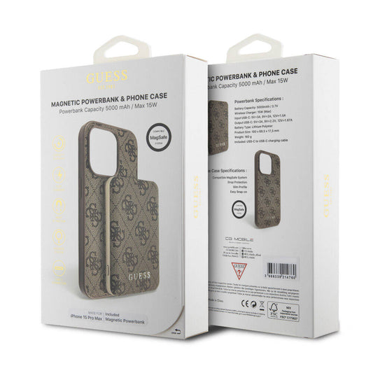 Apple iPhone 15 Pro Max Kılıf Guess Orjinal Lisanslı M-safe Şarj Özellikli Yazı Logolu 4G Desenli Kapak + Powerbank 5000mAh 2in1 Set Kahverengi