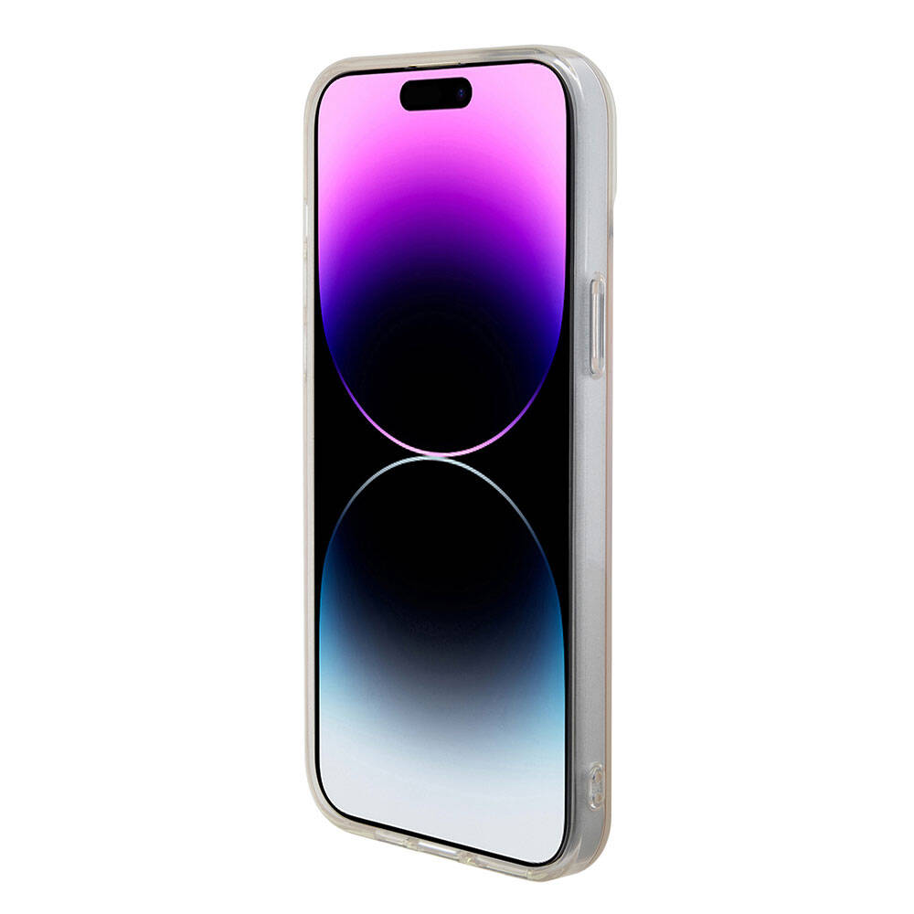 Apple iPhone 15 Pro Max Kılıf Guess Orjinal Lisanslı M-safe Şarj Özellikli Yazı Logolu Iridescent Kapak Turkuaz