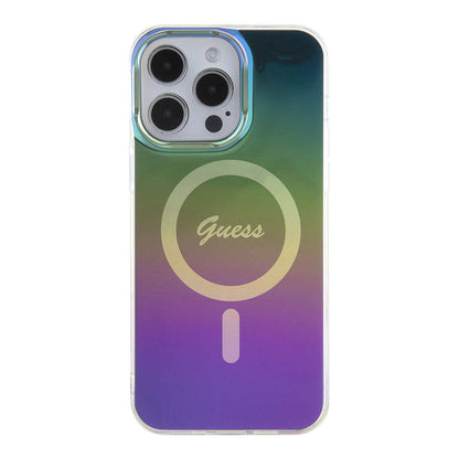 Apple iPhone 15 Pro Max Kılıf Guess Orjinal Lisanslı M-safe Şarj Özellikli Yazı Logolu Iridescent Kapak Pembe