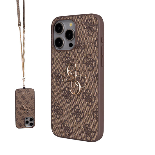 Apple iPhone 15 Pro Max Kılıf Guess Orjinal Lisanslı PU Deri 4G Büyük Metal Logolu Çapraz Vücut Askılı Kapak Pembe