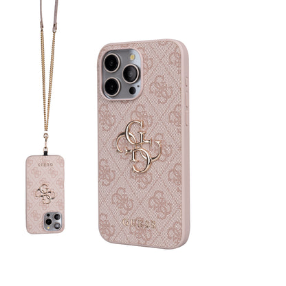 Apple iPhone 15 Pro Max Kılıf Guess Orjinal Lisanslı PU Deri 4G Büyük Metal Logolu Çapraz Vücut Askılı Kapak Pembe