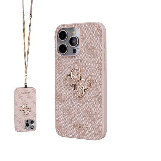 Apple iPhone 15 Pro Max Kılıf Guess Orjinal Lisanslı PU Deri 4G Büyük Metal Logolu Çapraz Vücut Askılı Kapak Pembe