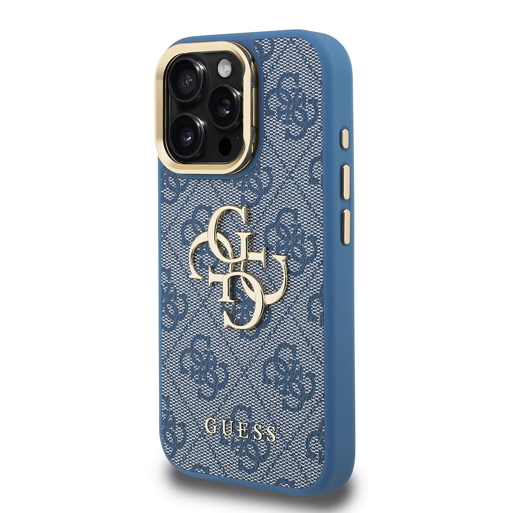 Apple iPhone 15 Pro Max Kılıf Guess Orjinal Lisanslı PU Deri 4G Desenli Metal Büyük 4G ve Yazı Logolu Kamera Standlı Kapak Siyah