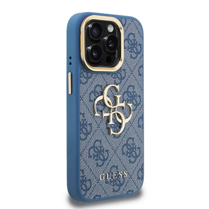 Apple iPhone 15 Pro Max Kılıf Guess Orjinal Lisanslı PU Deri 4G Desenli Metal Büyük 4G ve Yazı Logolu Kamera Standlı Kapak Siyah