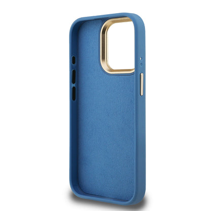 Apple iPhone 15 Pro Max Kılıf Guess Orjinal Lisanslı PU Deri 4G Desenli Metal Büyük 4G ve Yazı Logolu Kamera Standlı Kapak Mavi