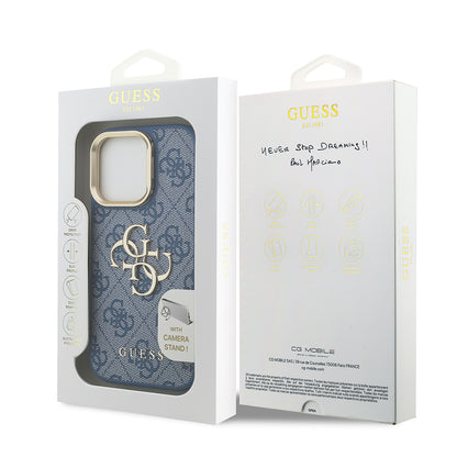 Apple iPhone 15 Pro Max Kılıf Guess Orjinal Lisanslı PU Deri 4G Desenli Metal Büyük 4G ve Yazı Logolu Kamera Standlı Kapak Mavi