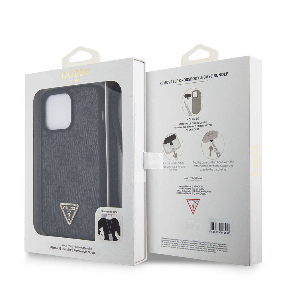 Apple iPhone 15 Pro Max Kılıf Guess Orjinal Lisanslı PU Deri Askılı Taşlı Üçgen Logo 4G Desenli Strass Crossbody Kapak Siyah