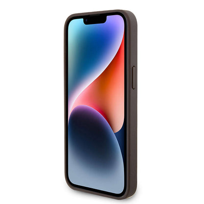 Apple iPhone 15 Pro Max Kılıf Guess Orjinal Lisanslı PU Deri Askılı Taşlı Üçgen Logo 4G Desenli Strass Crossbody Kapak Kahverengi