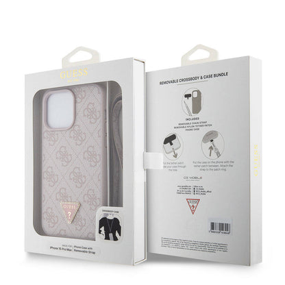 Apple iPhone 15 Pro Max Kılıf Guess Orjinal Lisanslı PU Deri Askılı Taşlı Üçgen Logo 4G Desenli Strass Crossbody Kapak Siyah