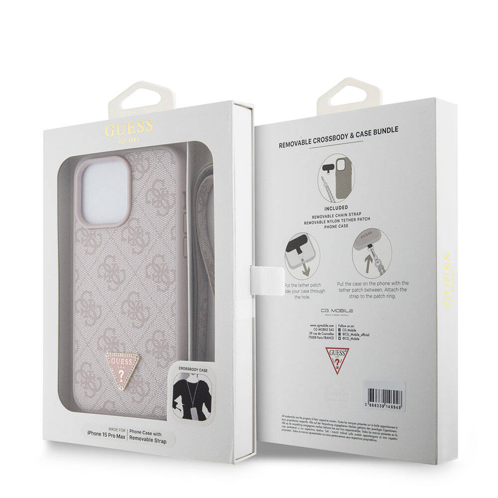 Apple iPhone 15 Pro Max Kılıf Guess Orjinal Lisanslı PU Deri Askılı Taşlı Üçgen Logo 4G Desenli Strass Crossbody Kapak Pembe