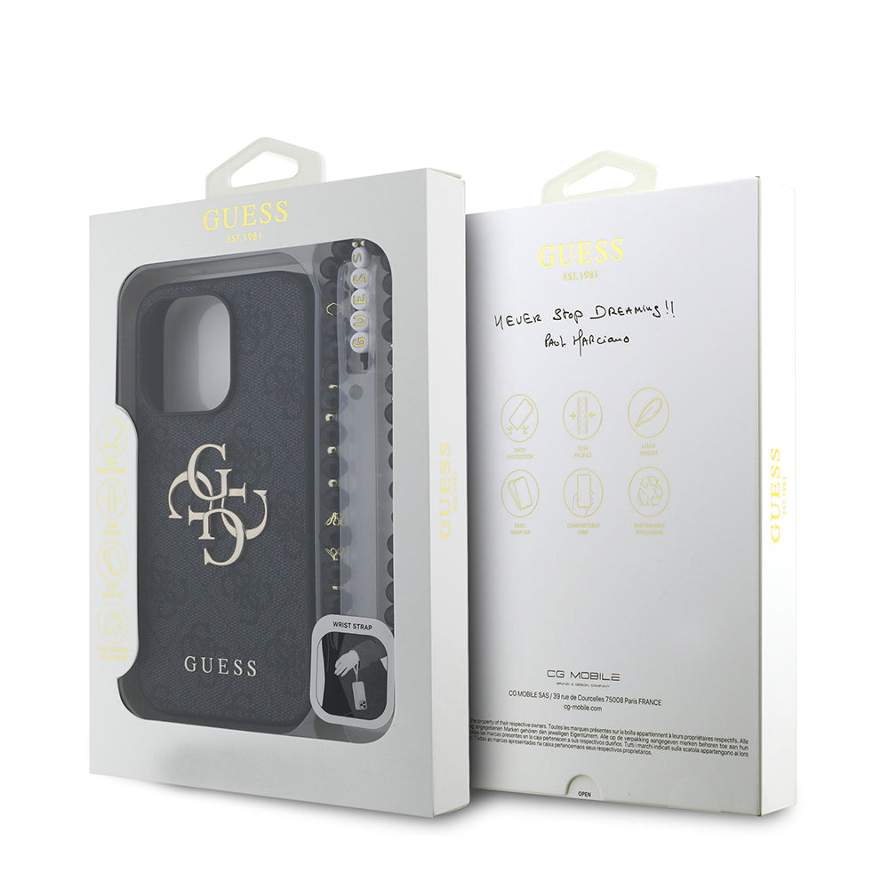 Apple iPhone 15 Pro Max Kılıf Guess Orjinal Lisanslı PU Deri Bilek Askı İpli Metal Büyük 4G ve Yazı Logolu Kapak Pembe